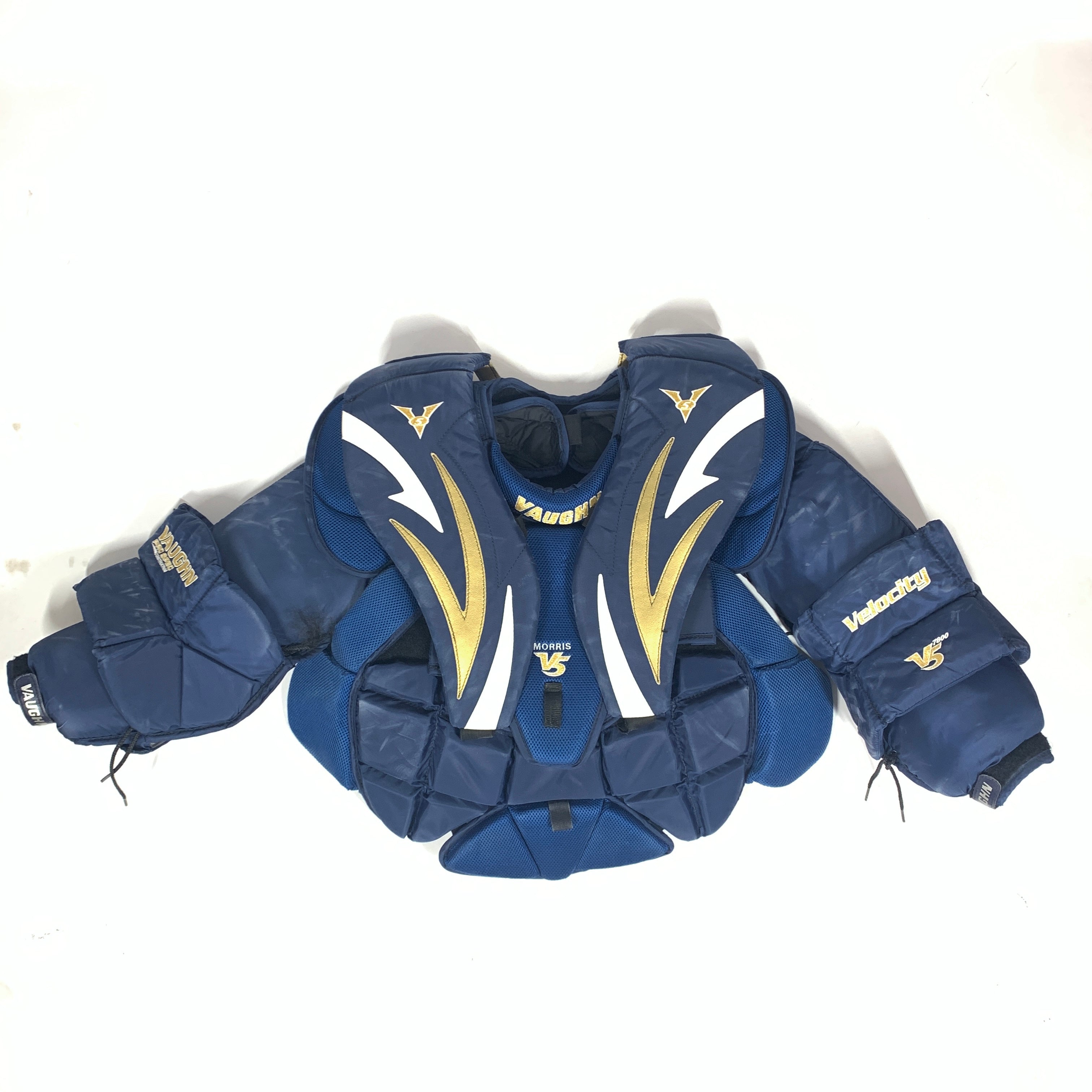 Vaughn V5 7800 - Plastron de gardien de but Pro Stock d'occasion (bleu marine/doré)